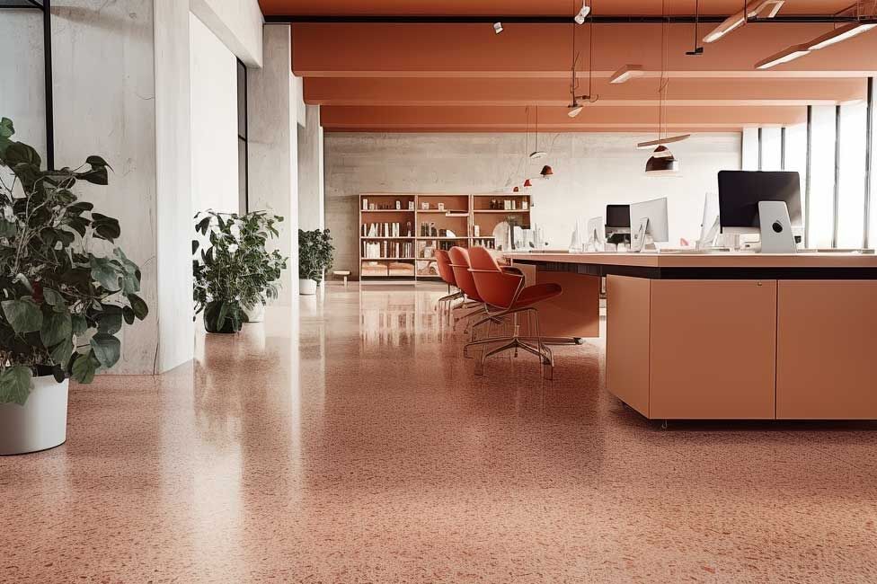 Der Terrazzo-Fussboden in diesem Büro besteht aus recycelten Dachziegeln.