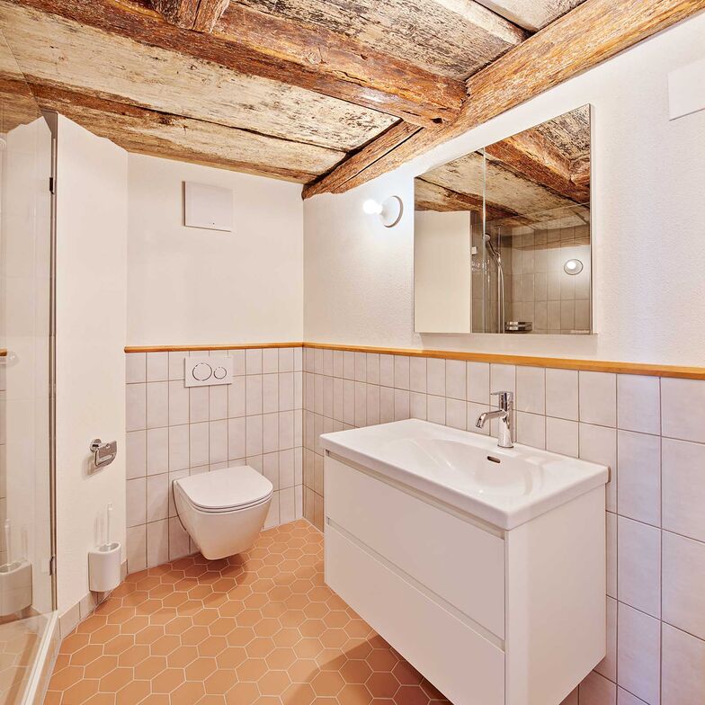 Das Badezimmer wurde vollständig erneuert und verbindet die heutigen Anforderungen an die Nutzung und Hygiene mit mit dem Respekt vor dem historischen Gebäude.