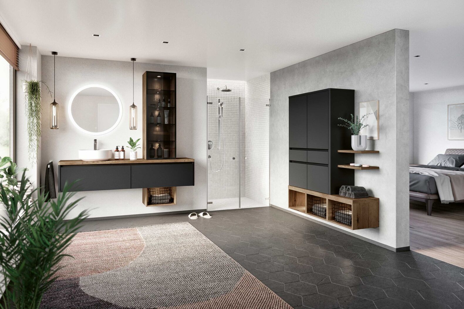 Schwarz liegt im Trend. Besonders elegant wirken die matten Oberflächen der Linie «Toledo» im Kontrast zum Vitrinen-Schrank «Flat» mit dem schmalen Aluminiumrahmen. Fust AG, www.fust.ch