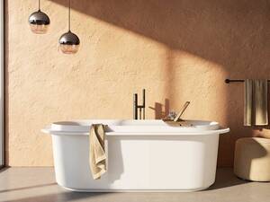 Die Badewanne «Vitrium» von Duravit ist in zwei Varianten erhältlich: frei stehend oder als Vorwandversion. Sie ist aus dem samtmatten Mineralwerkstoff «DuroCast» gefertigt und beeindruckt mit ihrem filigranen Design, das Funktion und Ästhetik verbindet. Duravit AG.