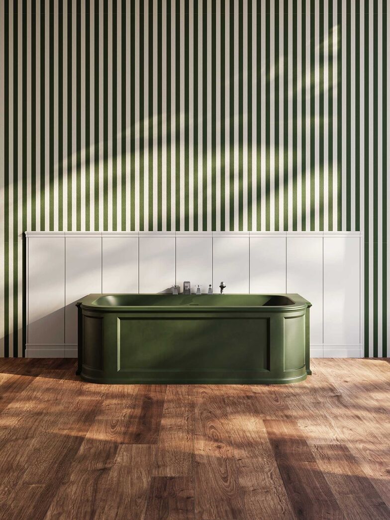 Das italienische Unternehmen aus Florenz hat sich seit seiner Gründung 1989 der europäischen Bautradition und dem Design des frühen 20. Jahrhunderts verschrieben. Die freistehende Monoblock-Wanne «President» ist dafür ein schönes Beispiel: Sie trägt den neoklassischen Stil in die Gegenwart. Ihr Korpus wird von strenger Flachrelief-Geometrie gerahmt und lässt sich zusätzlich mit Marmorelementen ausstatten. Das samtige Grün der hier gezeigten Ausführung gibt der klassischen Form eine ganz eigene Tiefe. Gefertigt aus White Tec Plus, ist sie in jeder gewünschten Farbe erhältlich und dabei überraschend pflegeleicht. devon-devon.com